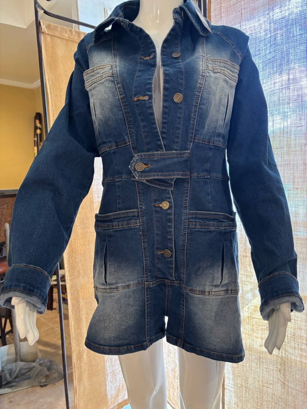 Fashion Nova Dark Blue Washed Denim Jacket Romper with Hood